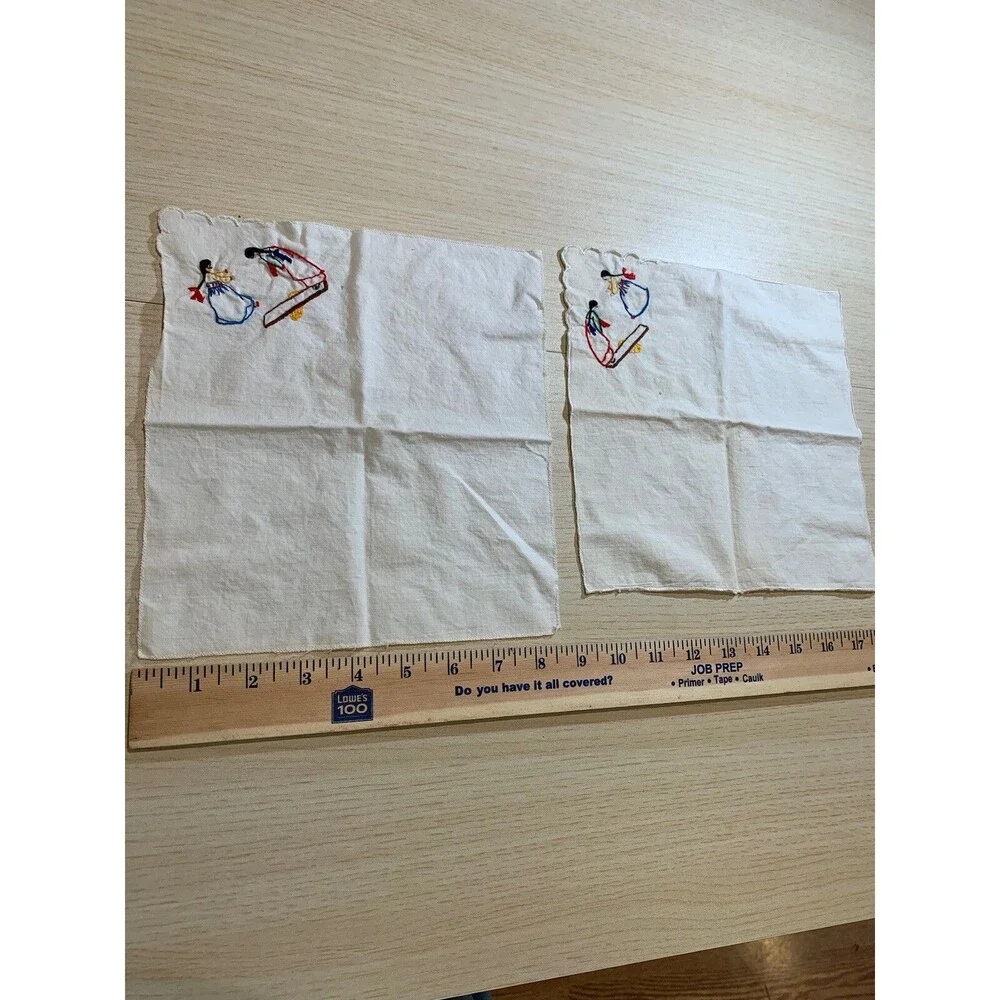 Vintage 2 Square Hankies, Hanky, Embroidered 2 Girls playing on one corner 8.5